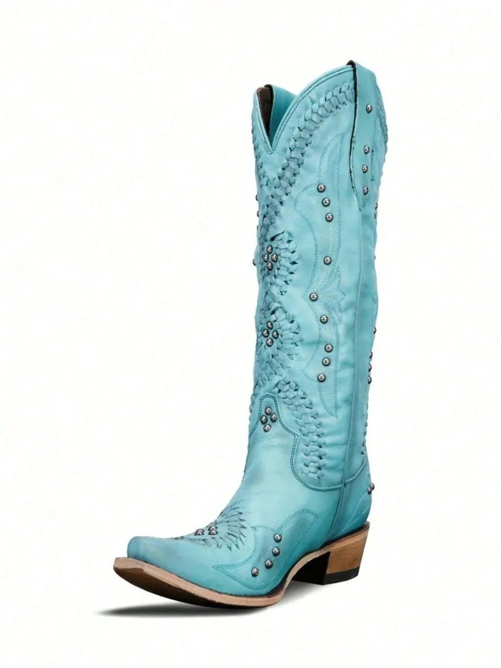 Blue Western Women's Embroidered Slip On Chunky Heel Classic Boots